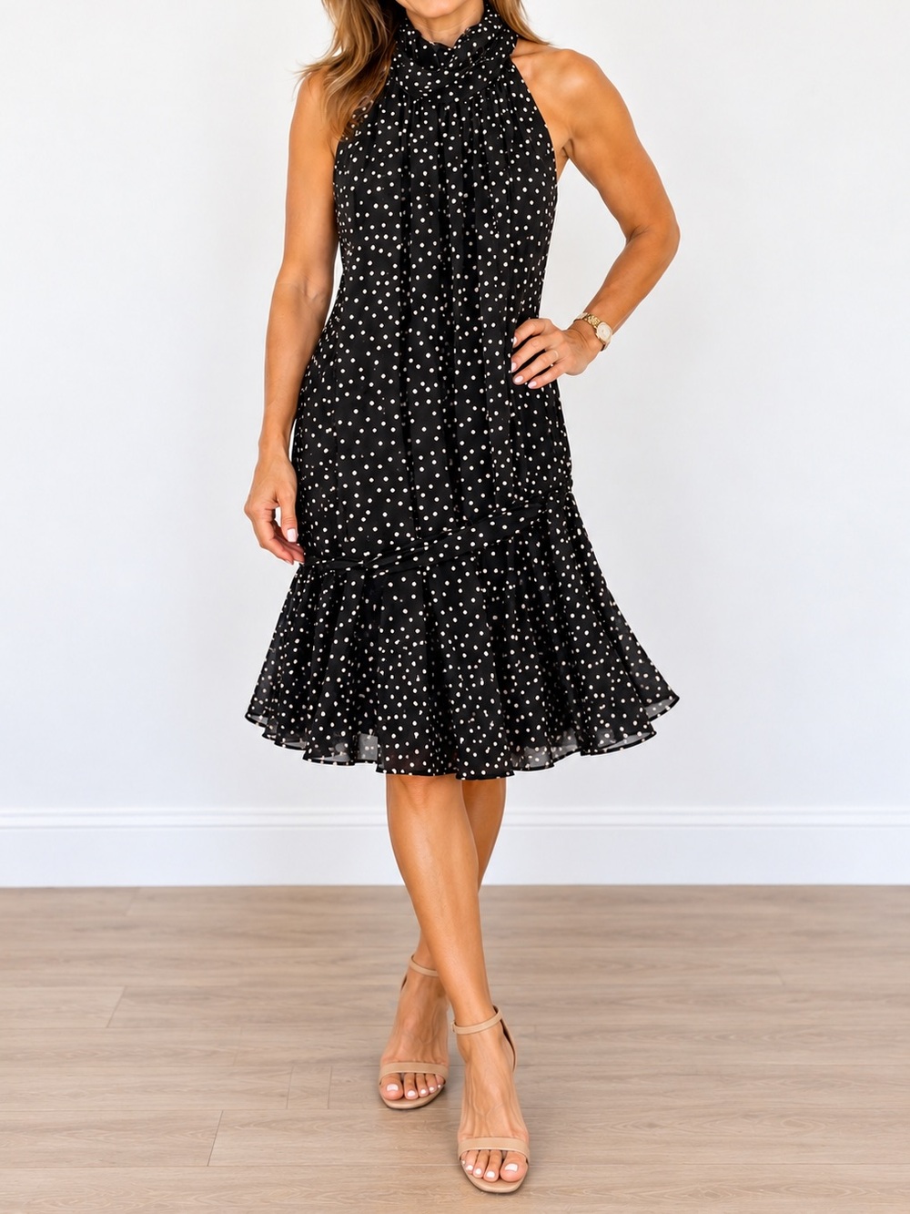 Ann Taylor Black and White Polka Dot Halter Ruffle Midi Dress